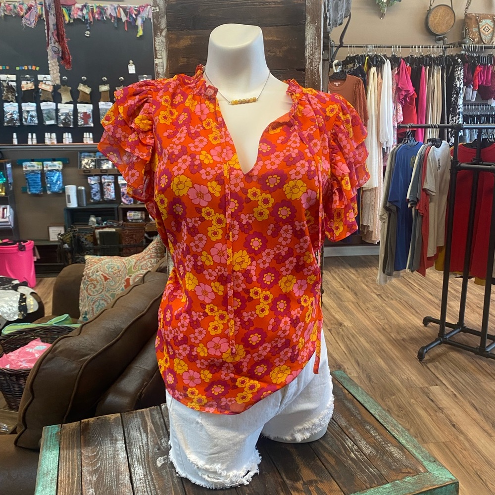 NWT Floral Monroe Flutter Tie-Neck Blouse